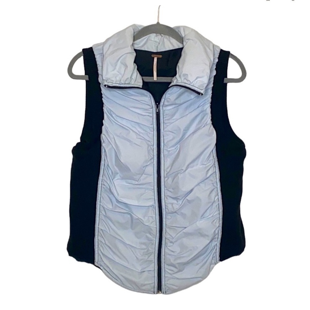 Free People Women's Blue & Black Dual Fabric Zip Up Vest Lighweight
